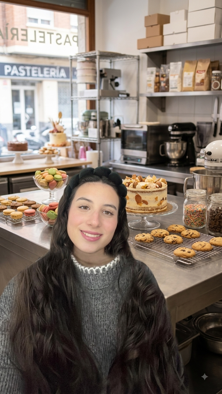 Noa en su obrador, rodeada de sus creaciones